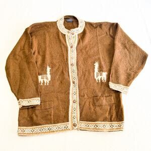 Kactus Artesians Alpaca Cardigan Peru Knit VTG Brown White Southwestern Size M